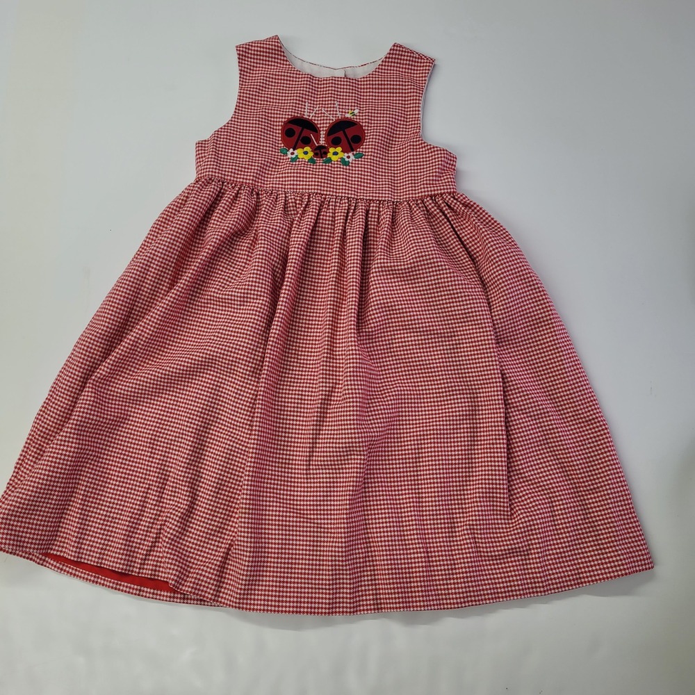 Fast Friends Girls Red Gingham Check Dress Ladybug‎ Applique Size 4 Vintage